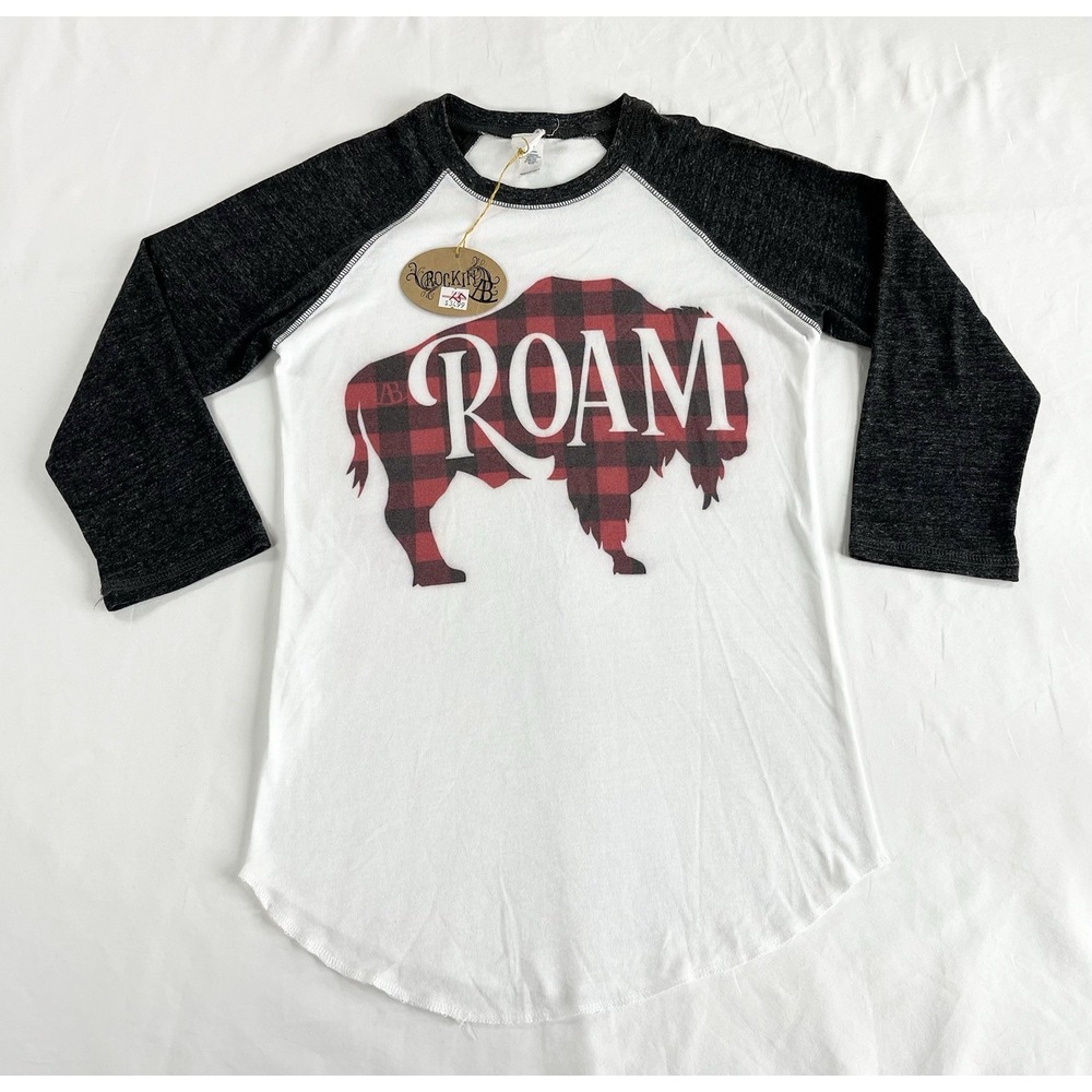 Rockin AB Buffalo Plaid Roam Buffalo Raglan T-Shirt 3/4 Sleeve Womens XS Texas‎